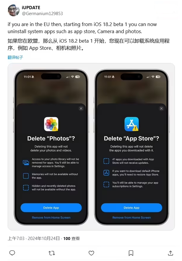 沅江苹果手机维修分享iOS 18.2 支持删除 App Store 应用商店 